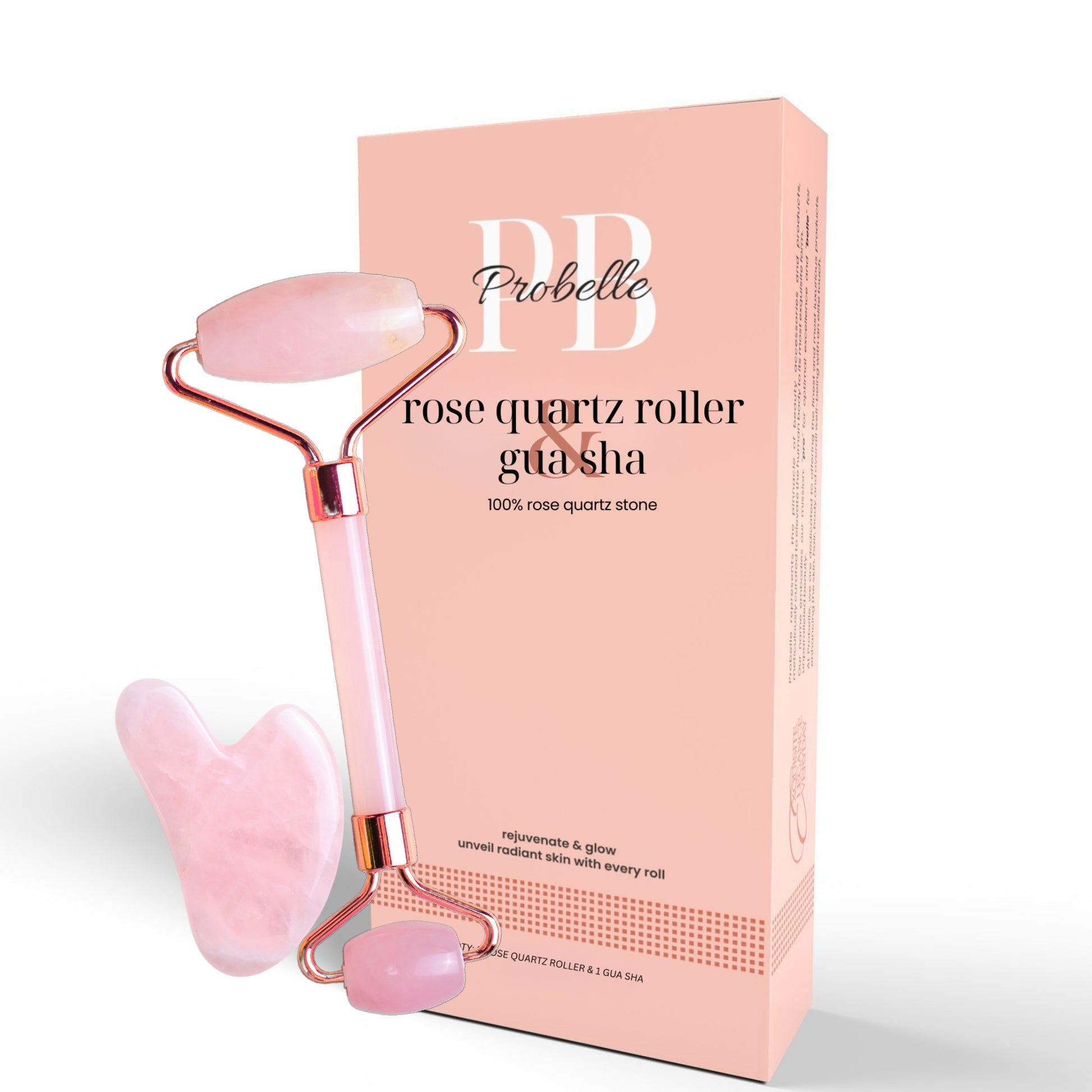 Probelle Premium Rose Quartz Roller & Gua sha Set Probelle Premium Rose Quartz Roller & Gua sha Set